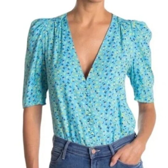 AFRM Revolve Alexa V-Neck Blue Floral Half Puff Sleeve Bodysuit Size XL - Picture 1 of 7